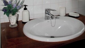 A bathroom with a white sink, a mirror with an ornate frame, a small vase with flowers, and a soap dispenser. - Apartment 2 (Peñamellera Baja)