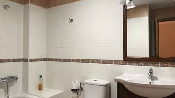 Hair dryer, towels, soap, shampoo