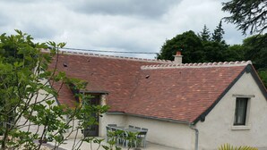 A house with a tiled roof, a small garden with grass and a palm plant, and a patio with outdoor furniture. - Typical barn from the 17th century, 120 square meters of living space (La Membrolle-sur-Choisille)