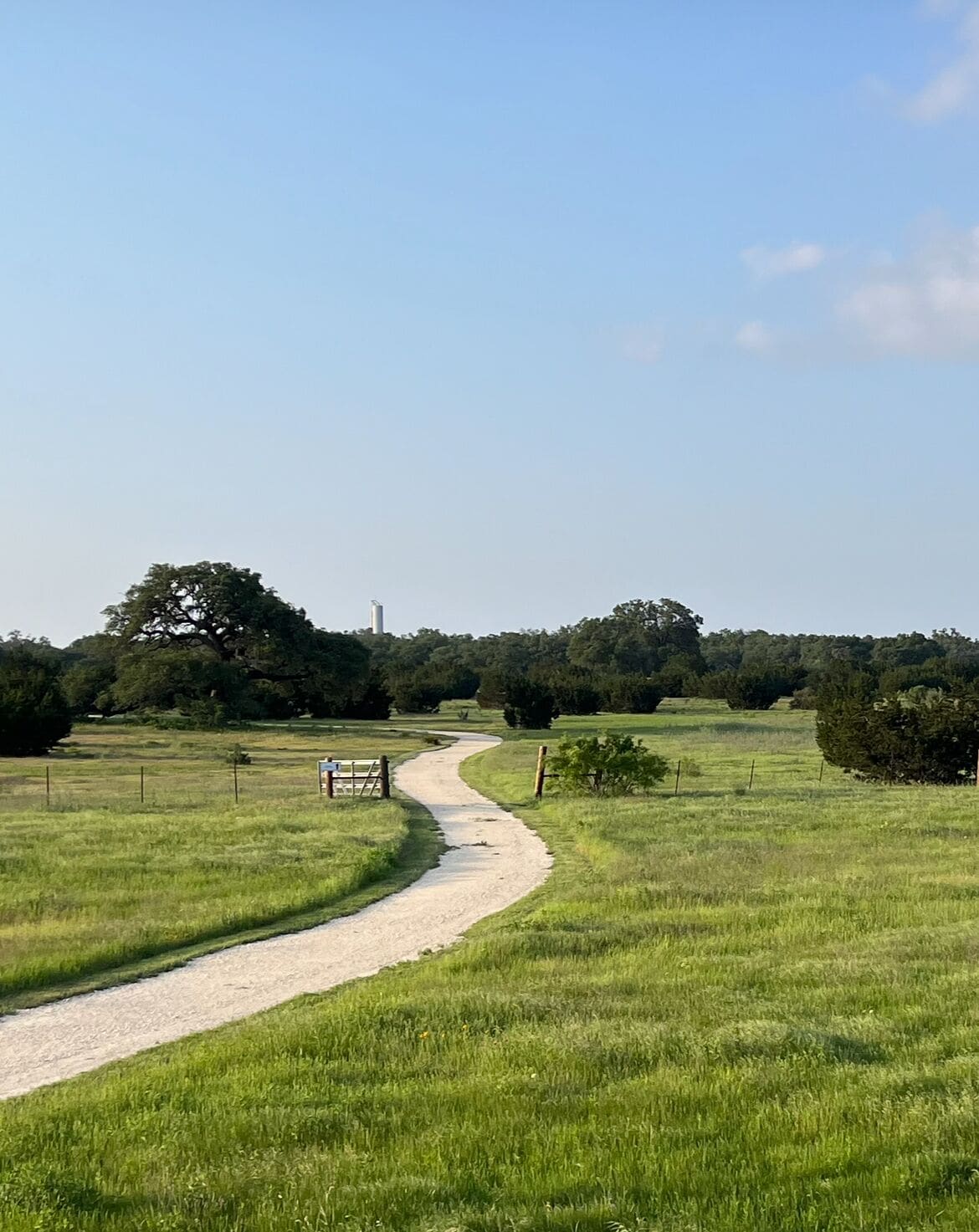 A rural landscape with a dirt path leading through a grassy field, surrounded by trees and a fence.