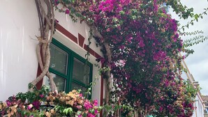 A building with a white facade, green window frames, and a balcony with pink flowers. - Ocean view apartment in Playa del Cura Gran Canaria (Mogán)