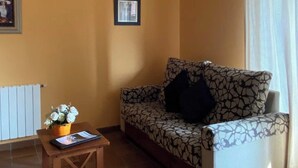 Un salon avec un canapé à motifs, une petite table en bois sur laquelle est posé un vase de fleurs, un luminaire au plafond et un radiateur.