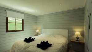 Un dormitorio con una cama grande, dos lámparas de noche y un ventanal con persianas.