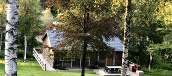 Scandinavian chalet in lush greenery and forest ...