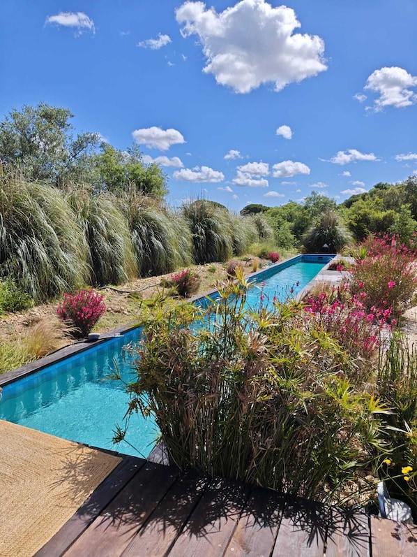 Una piscina con cubierta de madera, rodeada de exuberante vegetación y plantas con flores.