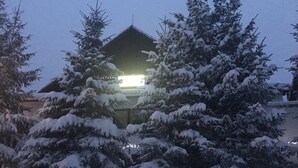 A building with a sloped roof surrounded by snow-covered trees.