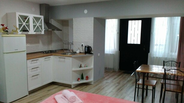 Una stanza compatta con angolo cottura, zona pranzo e un letto.