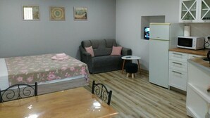 Una camera compatta con un letto, un divano, un tavolino, un forno a microonde e un angolo cottura.