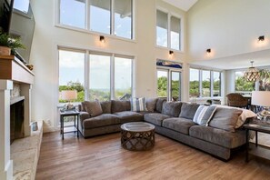 Smart TV, fireplace, books