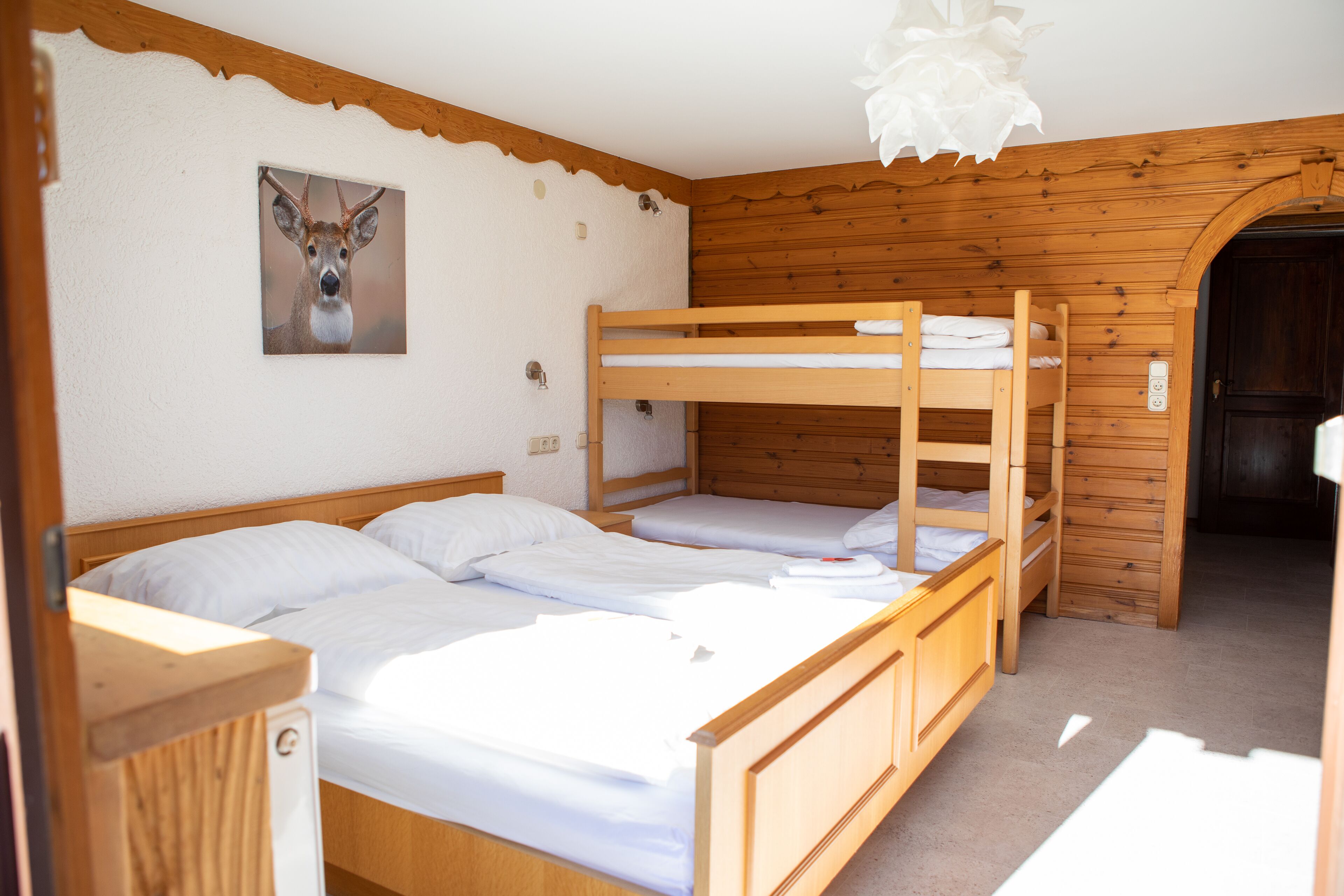 Een kamer met stapelbedden, een houten plafond en een afbeelding van een hert op de muur.