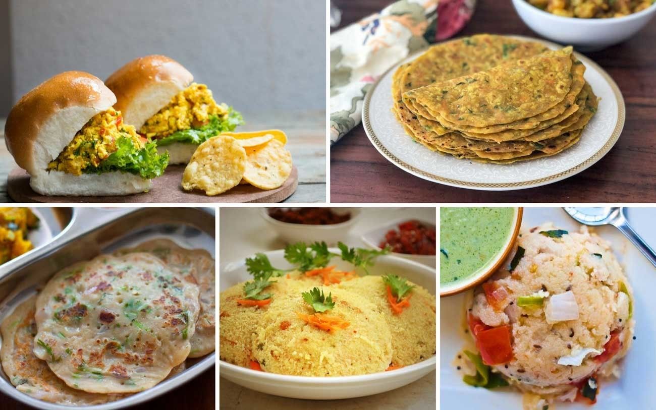 Verschillende Indiase gerechten, waaronder een hamburger, een stapel platbrood, een groentepannenkoek en een rijstgerecht met groenten.