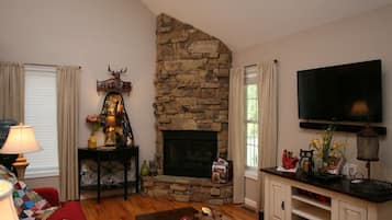 Una Smart TV, una chimenea, un reproductor de DVD, libros