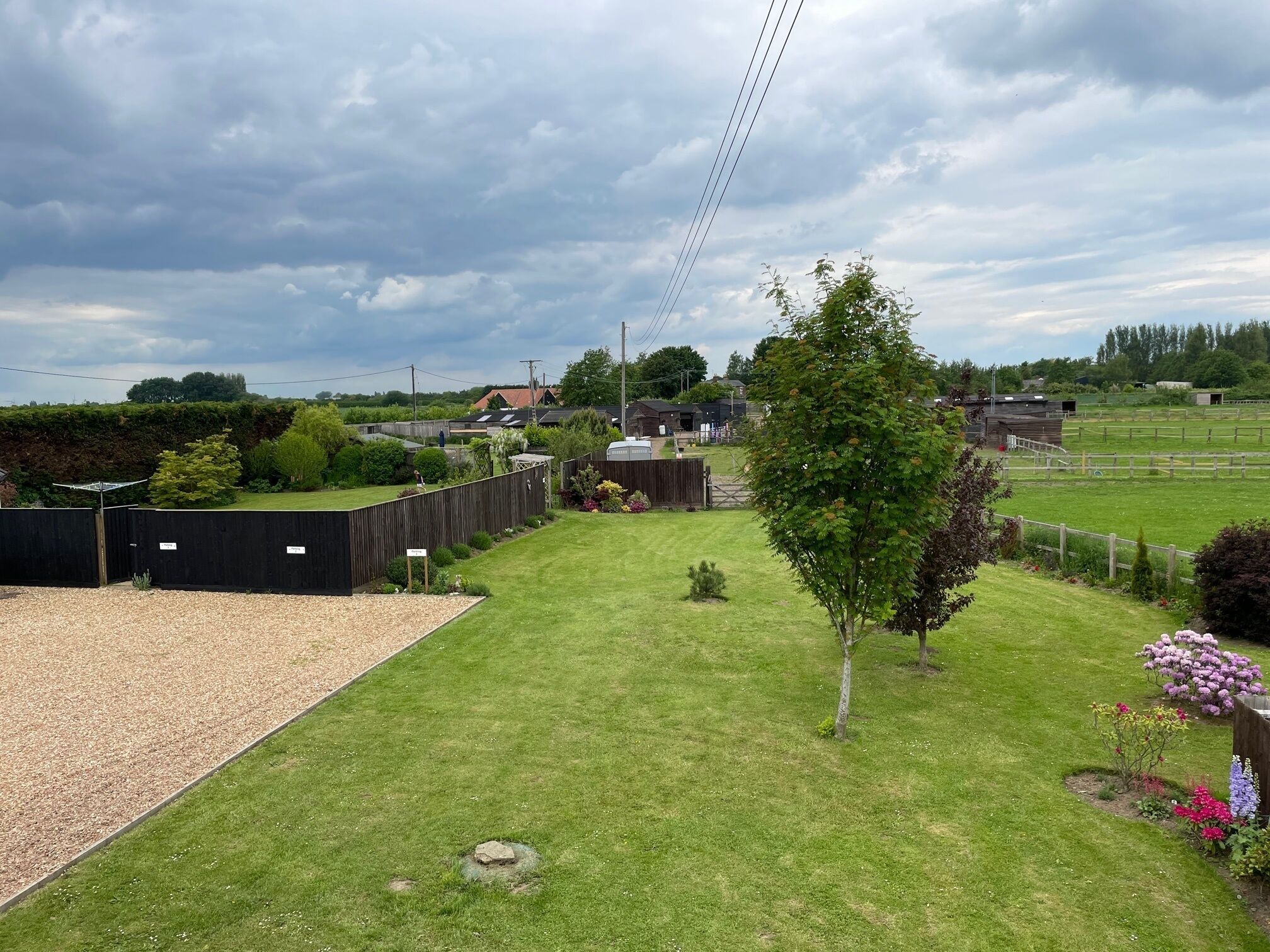 A residential area with a well-maintained lawn, a wooden fence, and a variety of flowering plants.