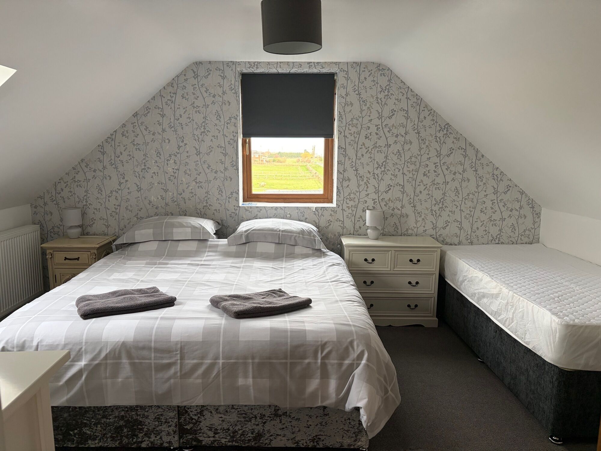 A bedroom with a sloped ceiling, a window with a view of a field, two bedside tables with lamps, a bed with a checkered duvet, and a bedside chair.