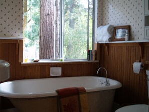 Un baño con bañera, una ventana que ofrece vista a árboles, un inodoro y un estante con libros y una foto enmarcada.