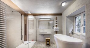 Hair dryer, bathrobes, slippers, towels