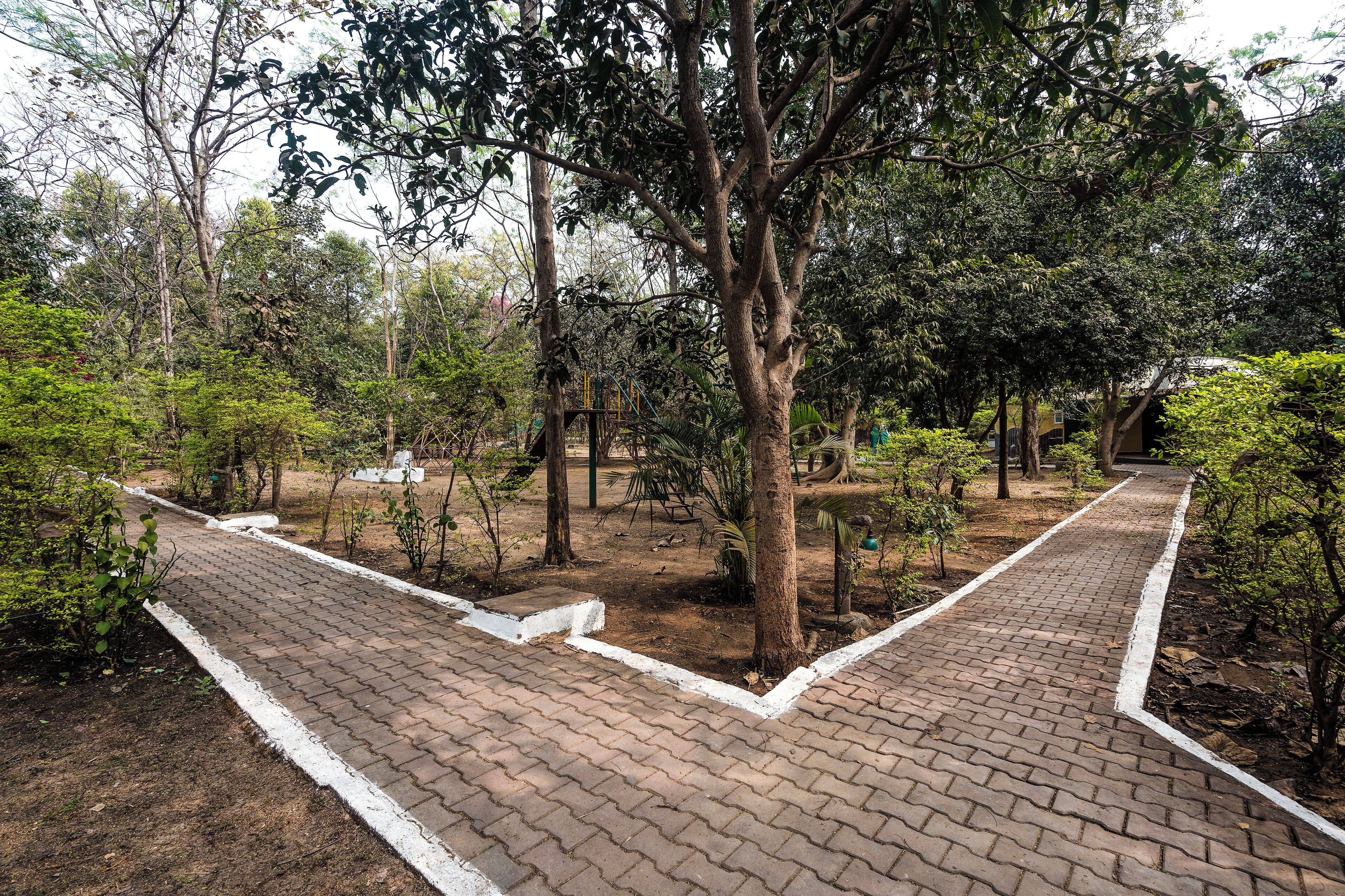 Uma trilha pavimentada em um parque com árvores e um parquinho.