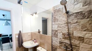 Shower, hair dryer, towels