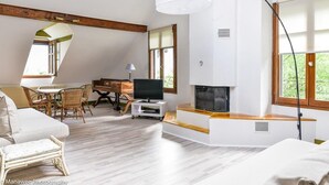 A spacious living room with a wooden floor, a sofa, a TV, a fireplace, and large windows. - Villa Ariane Saint-Jorioz (Saint-Jorioz)