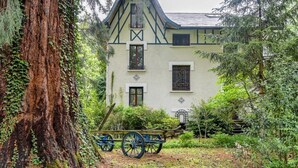 A traditional building with a steeply pitched roof, a large tree in the foreground, and a wooden cart in the garden. - Villa Ariane Saint-Jorioz (Saint-Jorioz)