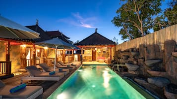 Outdoor pool, pool umbrellas, pool loungers