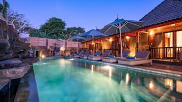 Outdoor pool, pool umbrellas, pool loungers