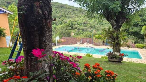 A swimming pool surrounded by lush greenery and flowering plants. - Sitio Oliveira Ibiúna (Ibiuna)