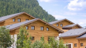A row of wooden cabins with pitched roofs, set against a backdrop of a forested mountain. - Vos Prochaines Vacances de Ski | Appart Confortable avec Cuisine (Arêches Beaufort)