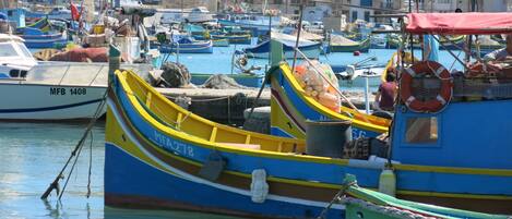 A marina with various boats docked, including a prominent yellow and blue boat with the number MFB 1408.