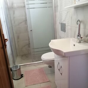 Une salle de bain avec une douche à parois de verre, un lavabo blanc avec un miroir et des toilettes.