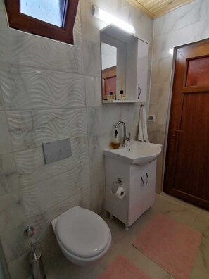 Une salle de bain avec des toilettes, un lavabo, un miroir et une porte en bois.