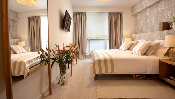 Habitación de hotel con dos camas, televisión, espejo, planta y ventana con cortinas.
