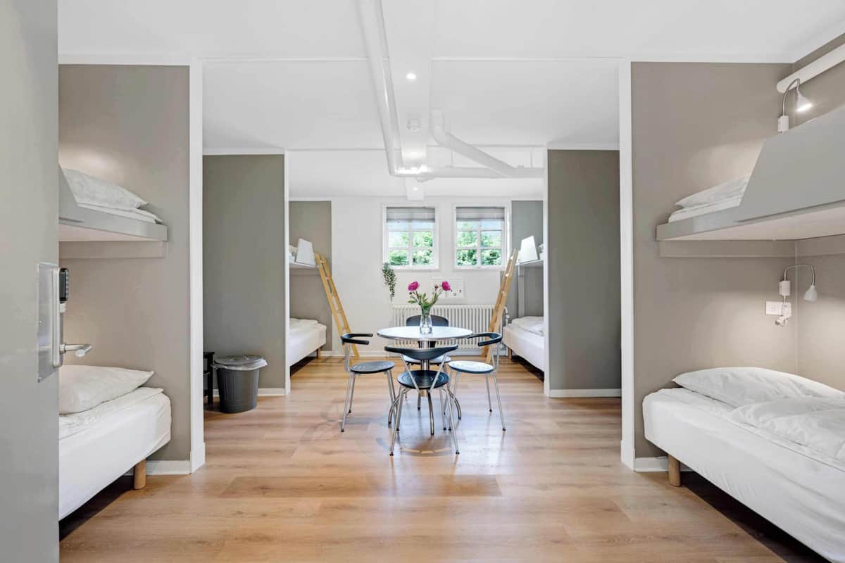 Una habitación moderna y bien iluminada con literas, una mesa redonda con sillas y un radiador.