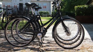 A black bicycle with a basket and a water bottle on the front, parked on a cobblestone path in front of a building with a sloped roof and windows. - Kragsbjerggaard Vandrerhjem (Odense)