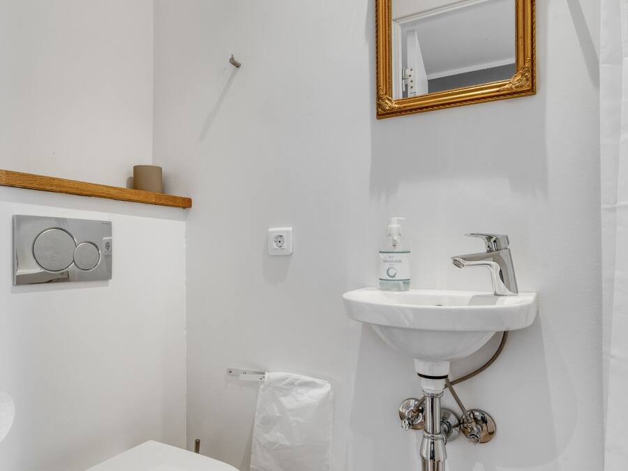 Un baño con un inodoro blanco, un lavabo con espejo de marco dorado y una cortina de ducha.
