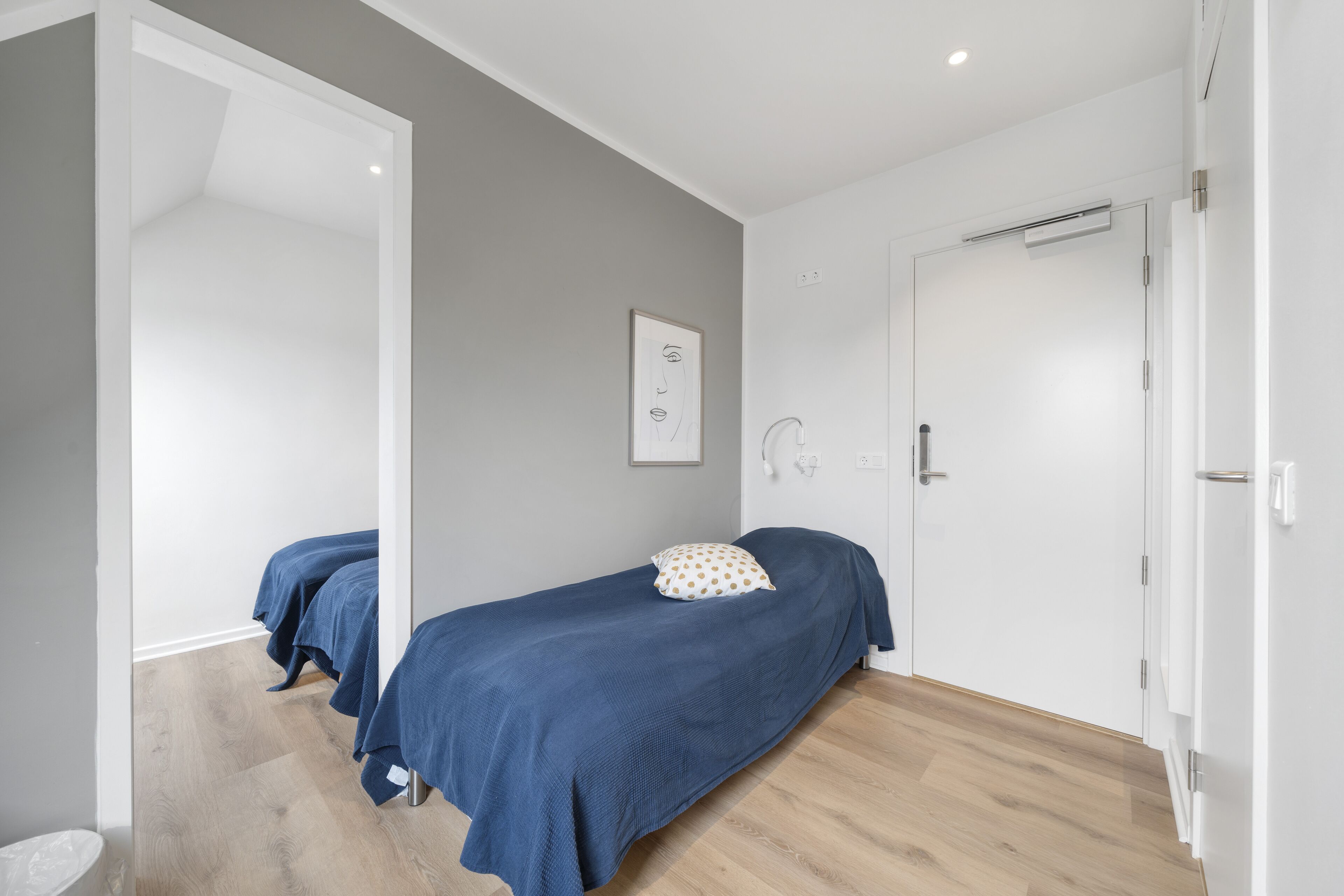 A modern bedroom with two beds, a white door, and a small framed artwork on the wall.