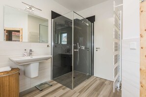 Chuveiro, secador de cabelo, toalhas de banho, papel higiênico