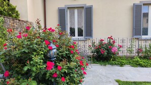 A house with a stone pathway leading to a door, surrounded by lush greenery and blooming flowers.