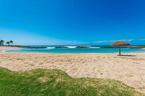 On the beach, sun-loungers, beach towels
