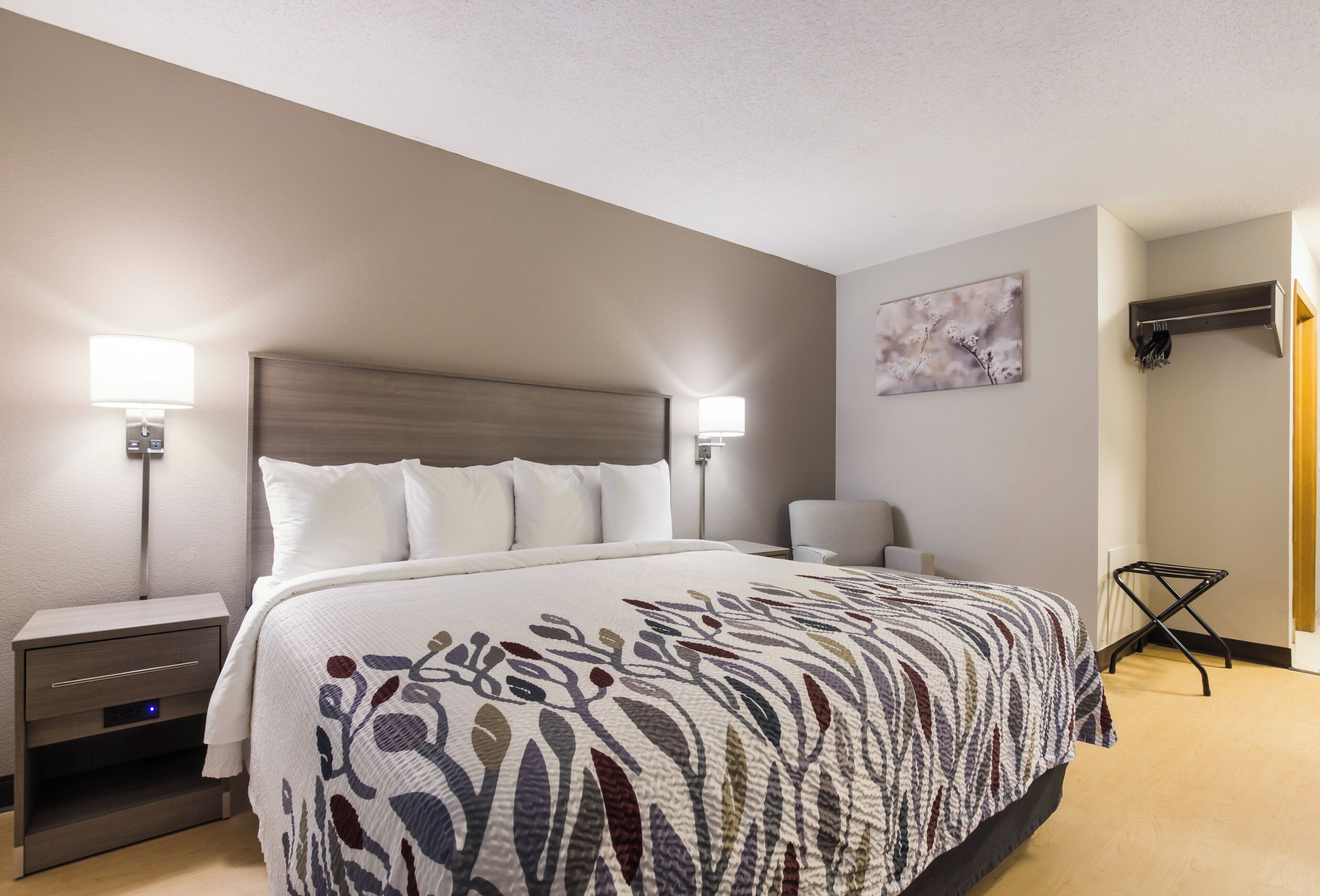 A hotel room with a large bed, bedside tables, a wall-mounted lamp, a painting, and a coat rack.