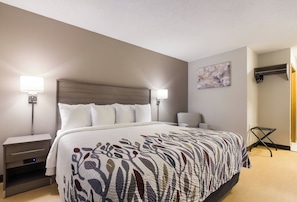 A hotel room with a large bed, bedside tables, a wall-mounted lamp, a painting, and a coat rack.