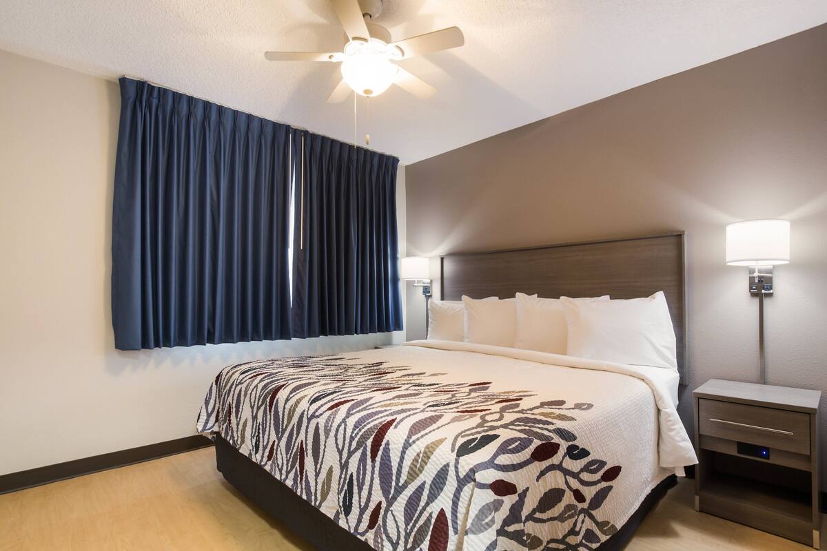 Quarto de hotel com uma cama grande, um ventilador de teto, uma mesa de cabeceira com abajur e uma janela com cortinas.