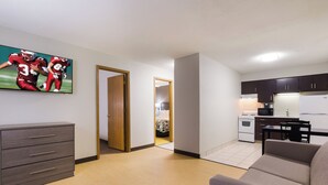 Laptop workspace, blackout drapes, cribs (free), WiFi (free)