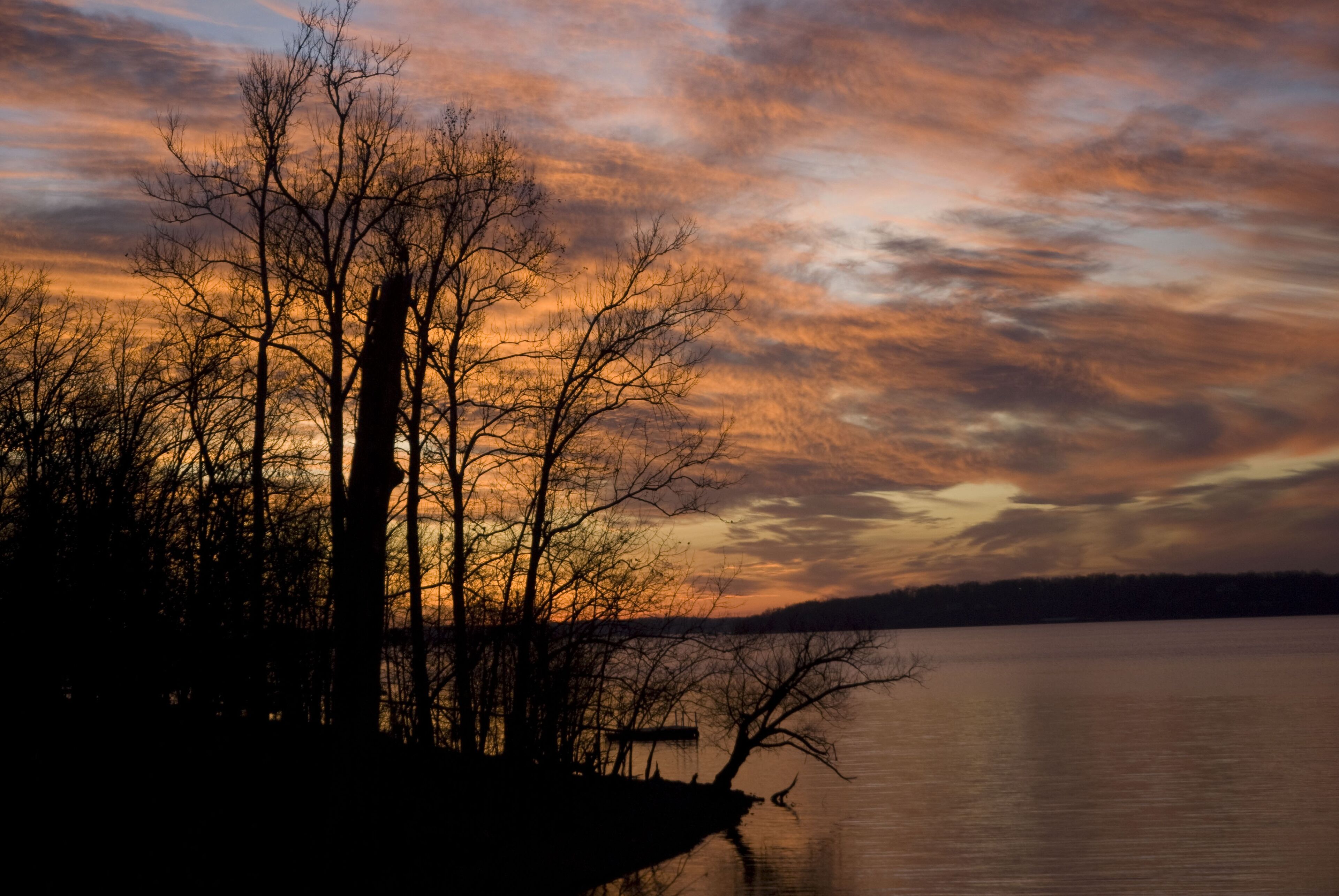 A sunset over a calm lake with silhouetted trees.