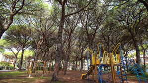 Un parque infantil con juegos de color amarillo y azul, rodeado de árboles y césped.