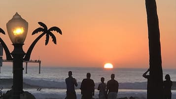 Enjoy a serene beach scene with a warm glow from the street lamp, surrounded by palm trees.