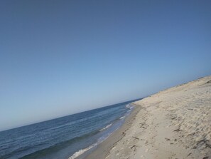 A beach with a clear sky and calm sea.