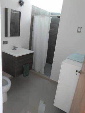 Shower, towels, soap, toilet paper