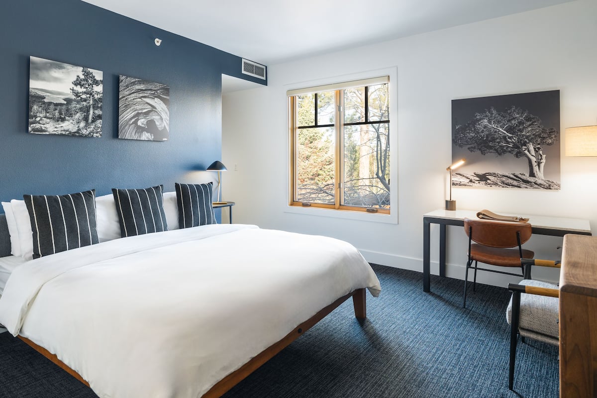 Habitación de hotel con una cama grande, un escritorio y una silla. Hay dos ventanas y obras de arte en las paredes.