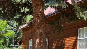 A wooden cabin with a 'Welcome' sign on a tree, surrounded by red flowers and a gravel path.